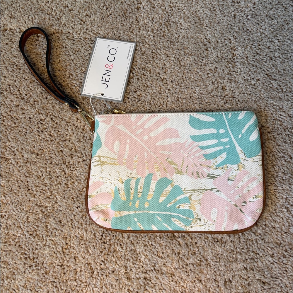 Jen & Co. Vegan Tropical Leaf Pink and Aqua Wristlet